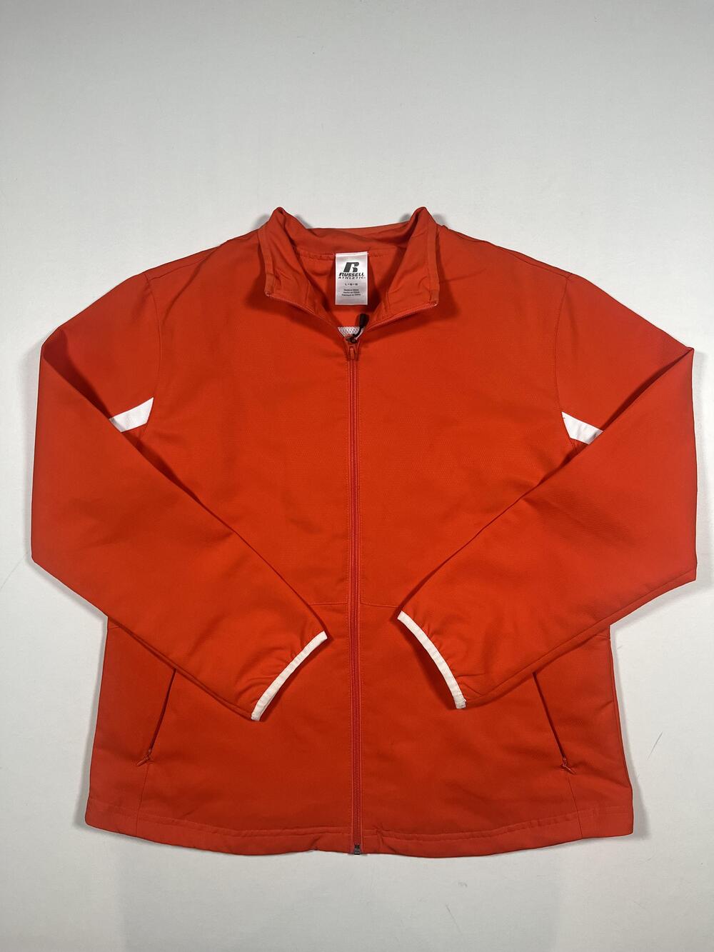 Russell Athletic Track Jacket Womens Large Orange Full Zip Mesh Lined Striped